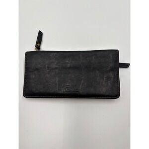 Fossil Black Genuine Leather Slim Bifold Clutch Wallet Brass Hardware Zip Pocket